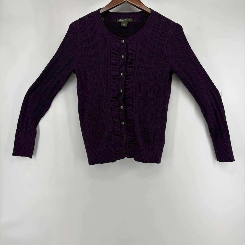Eddie‎ Bauer Purple Cable Knit Cardigan Sweater Stretch Buttons Womens Size Med